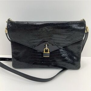 Vtg DUE FRATELLI Leather Purse Black Croc Embossed Crossbody Clutch Bag Classic